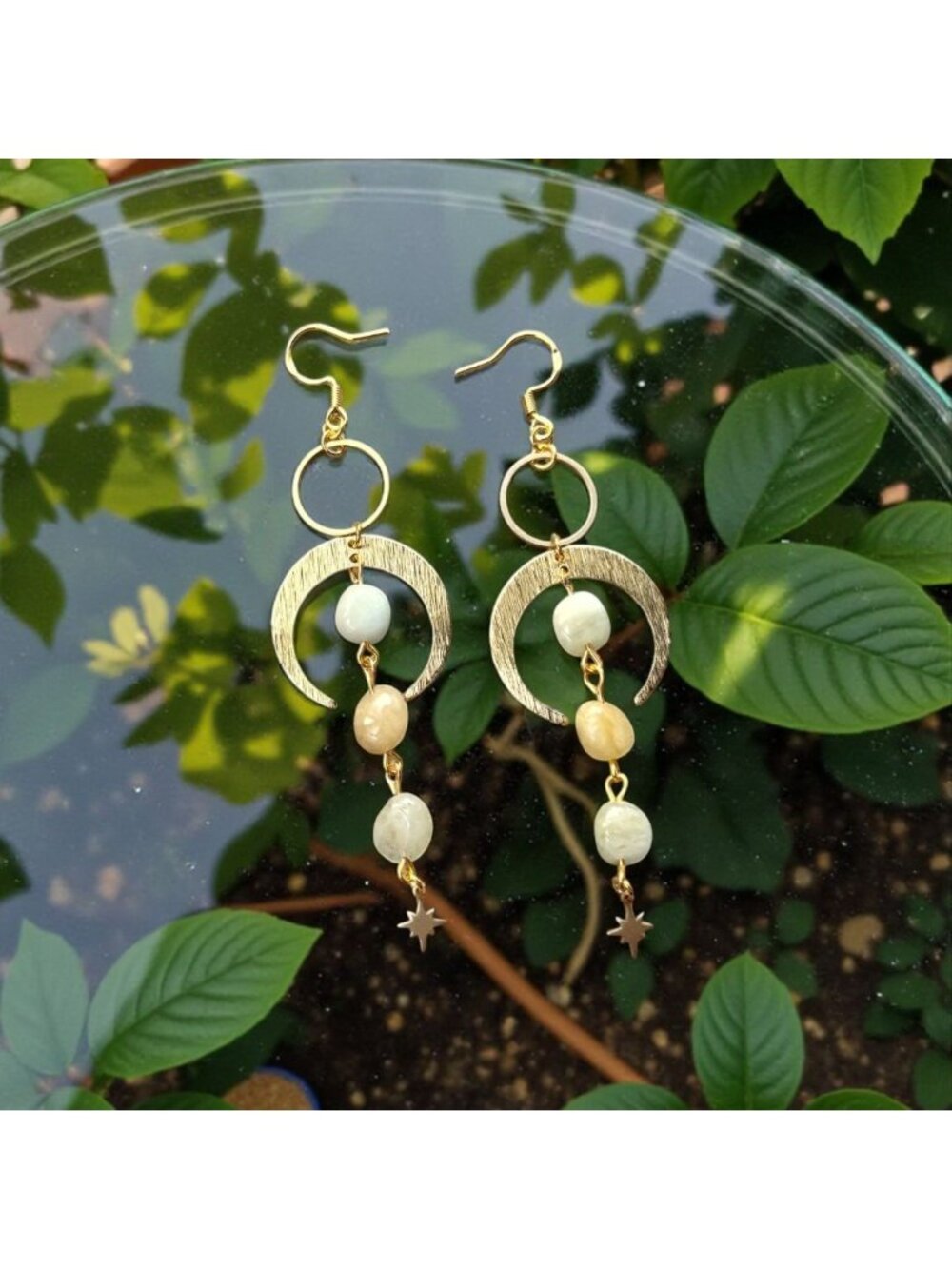 Mixed Beryl Gemstone Moon Earrings Celestial Gold Crescent Earrings Pastel Green